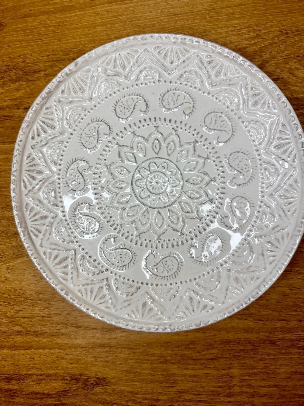 Pier 1 White Ceramic Embossed Decorative  Plates Set of 2 Mandala Design